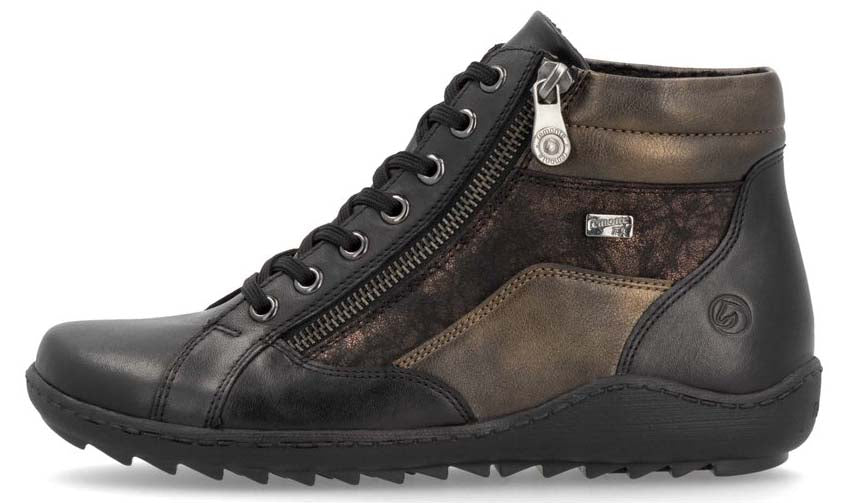 High-top black leather shoe with laces and side zipper.