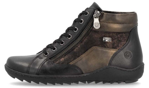 High-top black leather shoe with laces and side zipper.