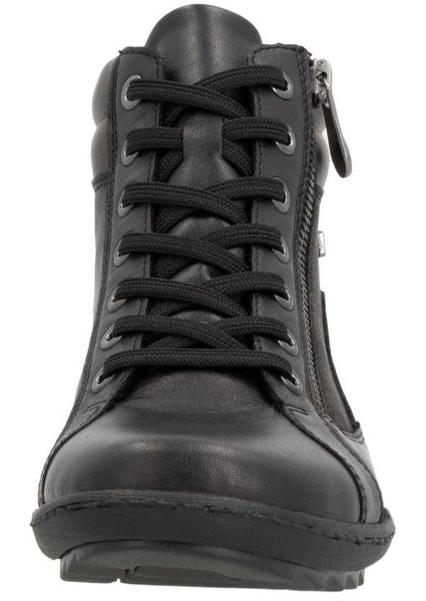 Black high-top boot with laces and a side zipper.