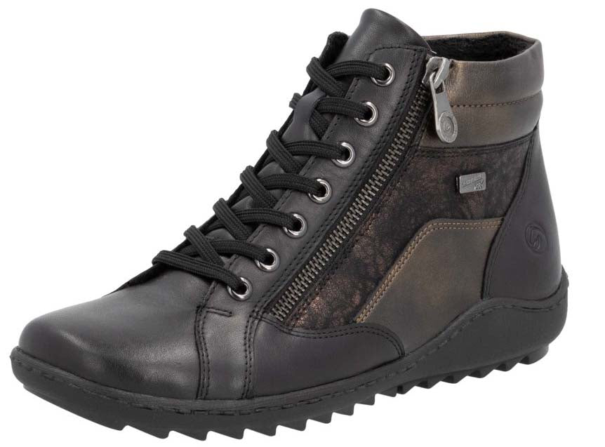 Black leather ankle boot with laces and side zipper.