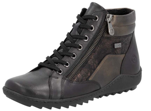 Black leather ankle boot with laces and side zipper.