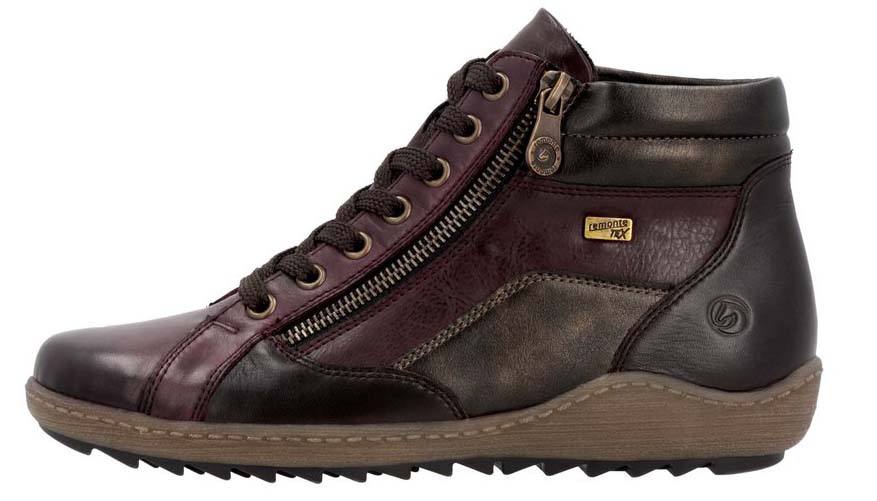 High-top sneaker with brown laces, side zipper, and dark color-blocked leather.