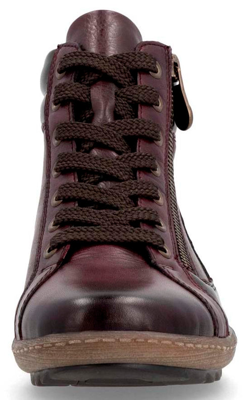 Burgundy leather ankle boot with laces and side zipper.