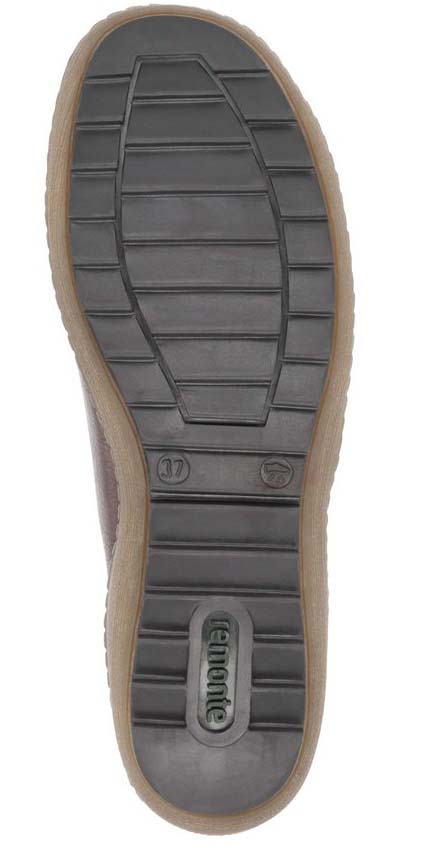 Shoe sole with ridged, brown-colored rubber design, and the text "remonte" embossed.