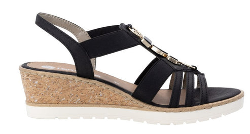 Black wedge sandal with gem embellishment and elastic straps.