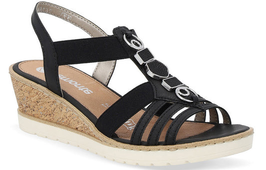 Black wedge sandal with cork heel and decorative silver accents.