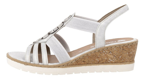 A women's white wedge sandal with straps and a slingback.