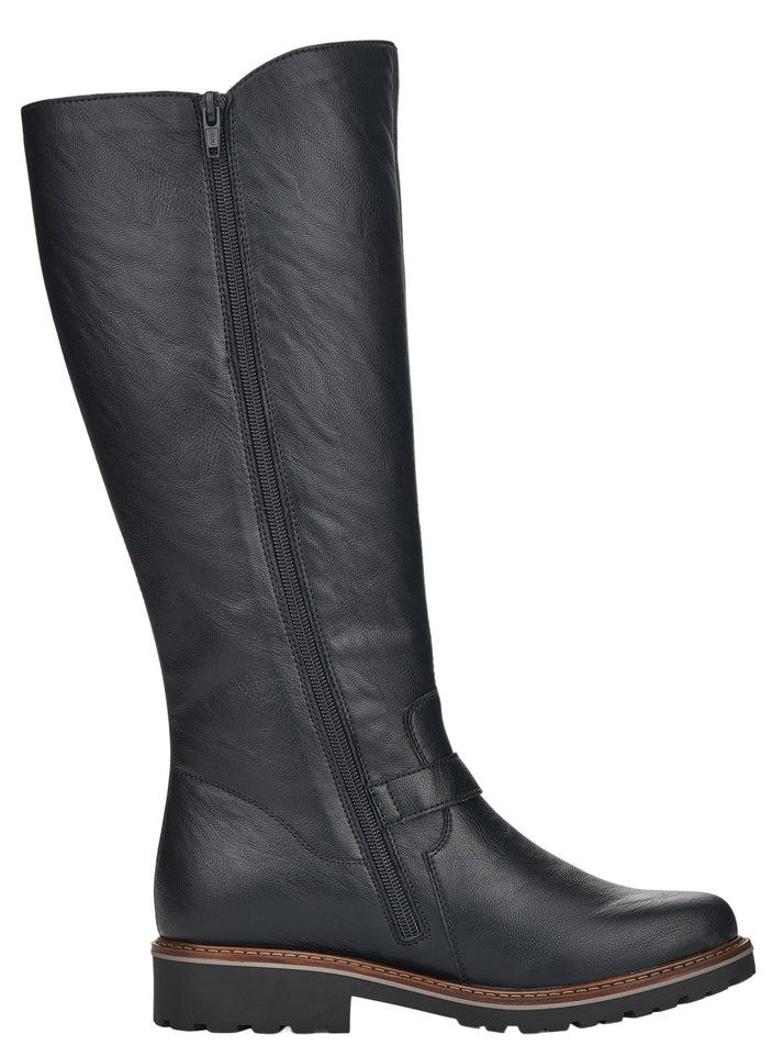 Knee-high black boot with side zipper and low block heel.