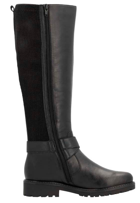 Black knee-high leather boot with zipper and buckle strap accent.