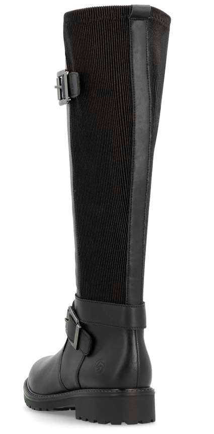 A tall black boot with two buckle straps.