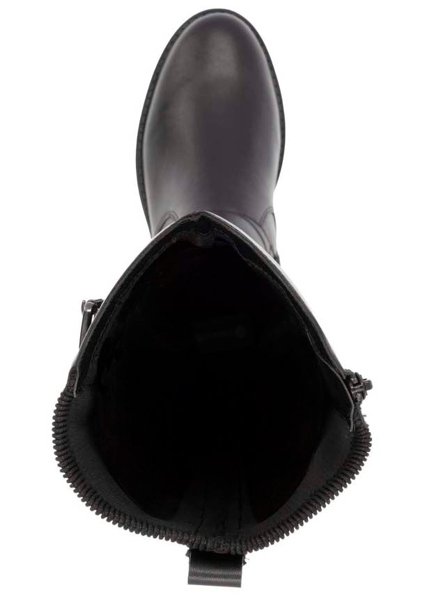 Black leather tall boot top view.