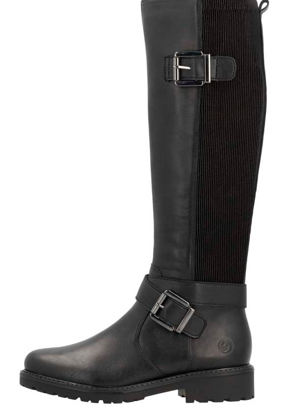 Black knee-high boot with two buckle straps.