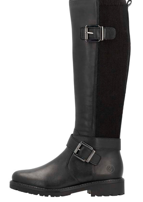 Black knee-high boot with two buckle straps.