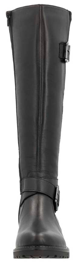 A black, knee-high boot with a buckle.