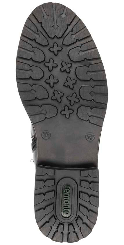 Sole of a black boot showing an intricate tread pattern including X shapes and the word 'remonte' in an oval.