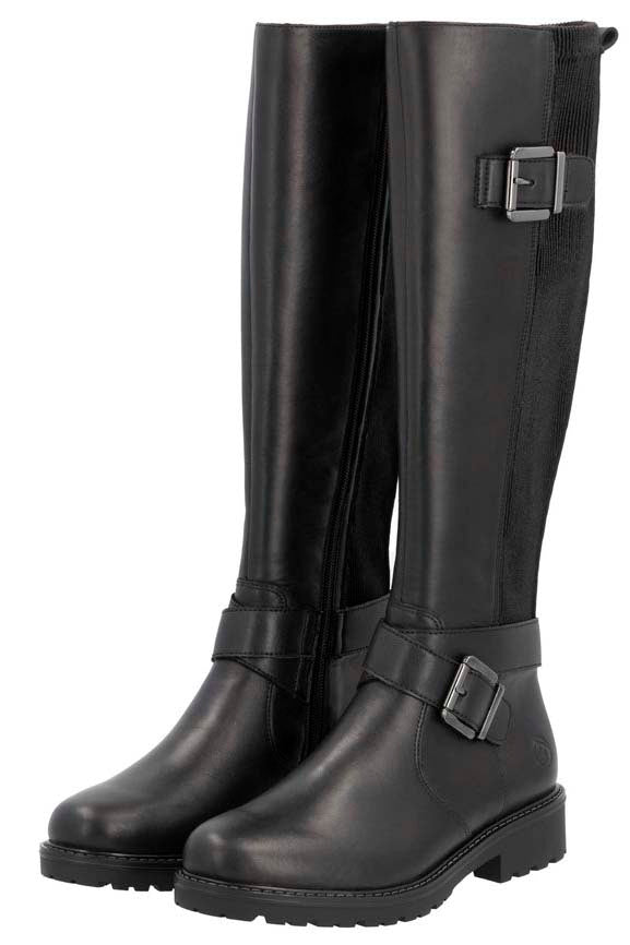 Pair of black knee-high riding boots with buckle straps.