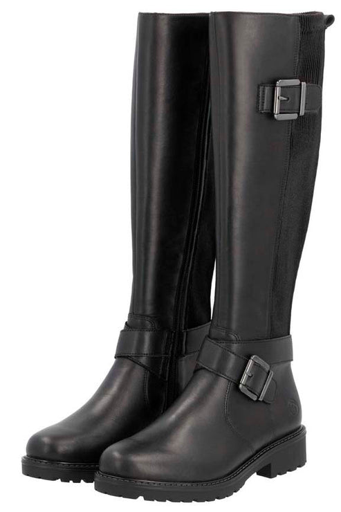 Pair of black knee-high riding boots with buckle straps.