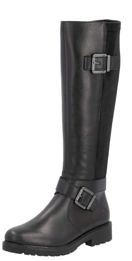 Black knee-high boot with buckle straps.