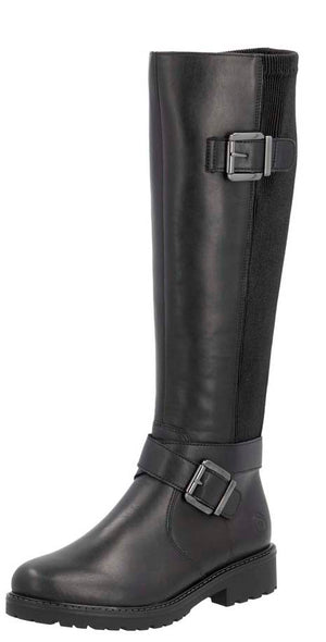 Black knee-high boot with buckle straps.