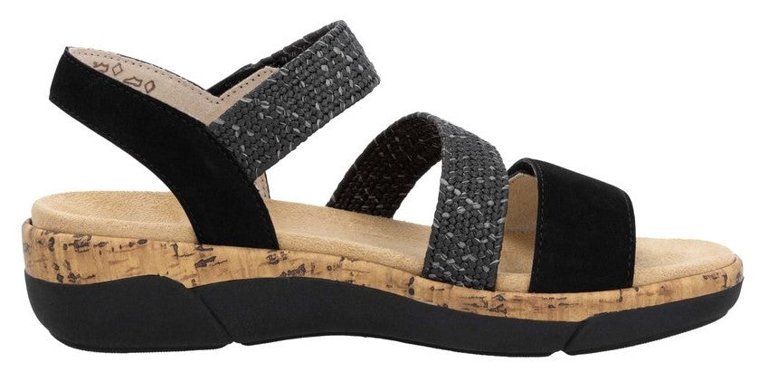 A black and gray sandal with a cork sole.