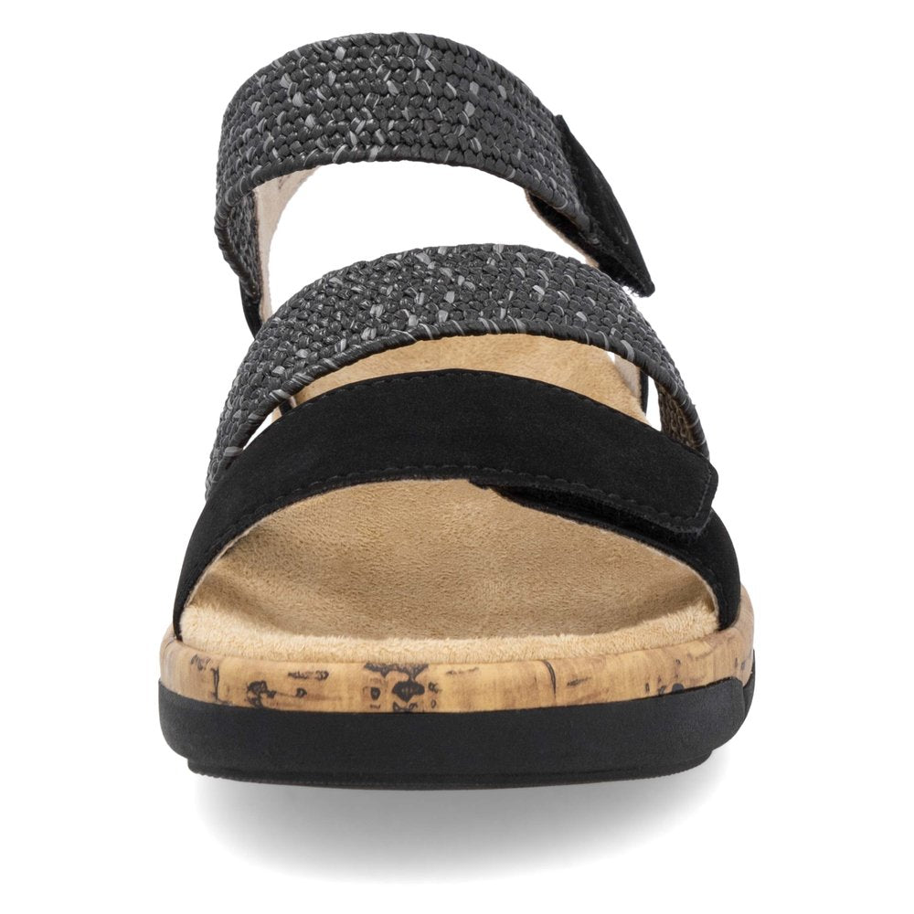 Front view of sandal with two hook and loop straps and cork footbed.