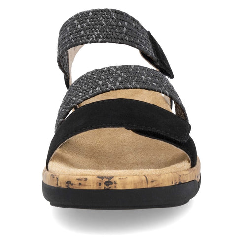 Front view of sandal with two hook and loop straps and cork footbed.