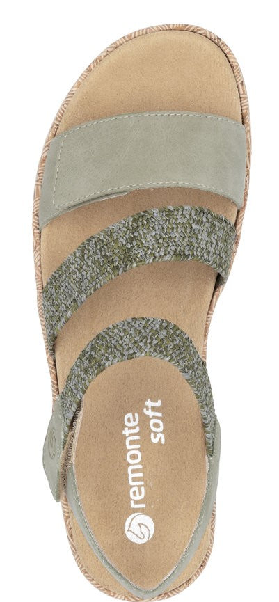 A sandal with 3 straps across the top and logo "remonte soft".