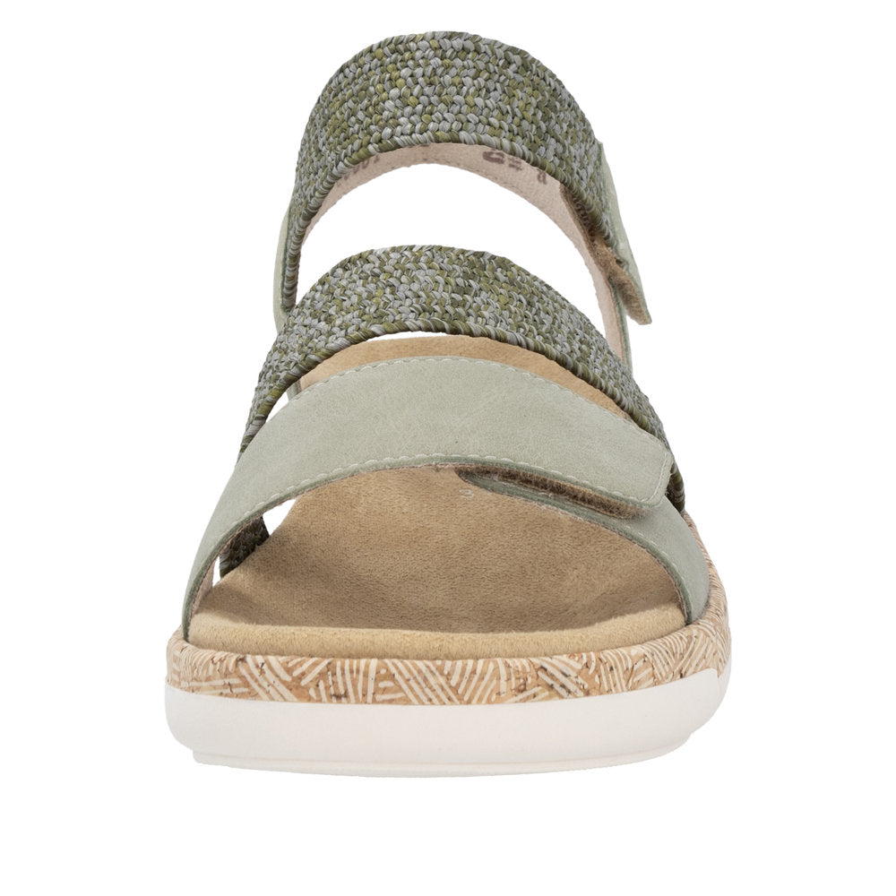 A front view of a green sandal with two textured, horizontal straps and a thick white sole.