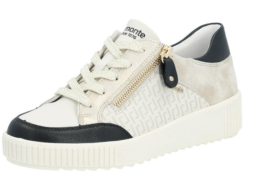 Off-white low-top sneaker with white laces and side zipper, black toe and heel.