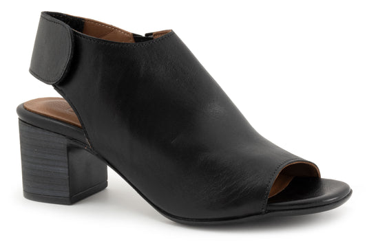 Black heeled leather sandal with open toe and velcro heel strap