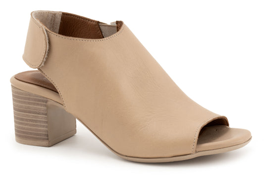 Beige women's peep-toe block heel sandal with a closed back and side velcro closure.