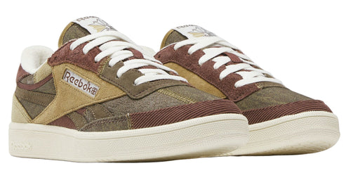 Pair of low top sneakers with brown and beige panels, white laces, and white sole.