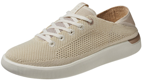 Beige knit sneaker with white laces and rubber sole.