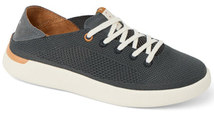 Gray knit sneaker with white laces and sole, with brown interior.