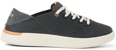 A gray sneaker with white laces and a thick white sole.