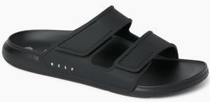 Black slide sandals with two adjustable straps.