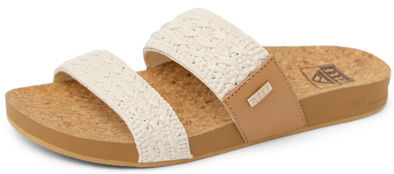 Sandals with two white woven straps and a cork sole.