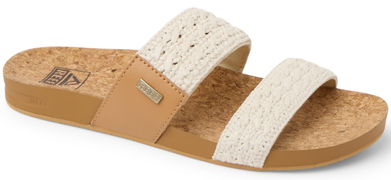 Cork-soled sandal with two woven straps.