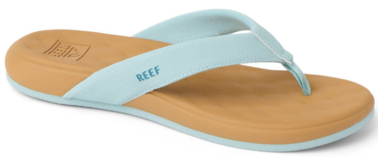 A tan and blue sandal.
