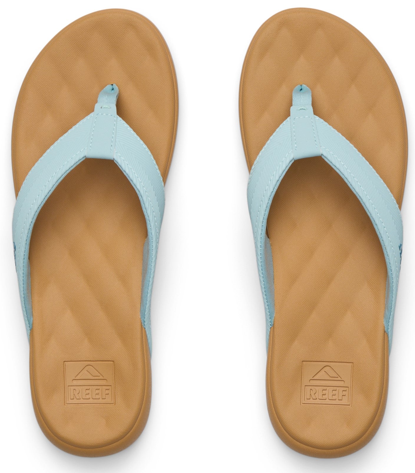 Top-down view of a pair of flip-flops with tan textured soles and light blue straps.