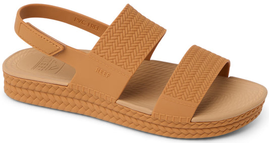Tan sandal with two textured horizontal straps and a back ankle strap