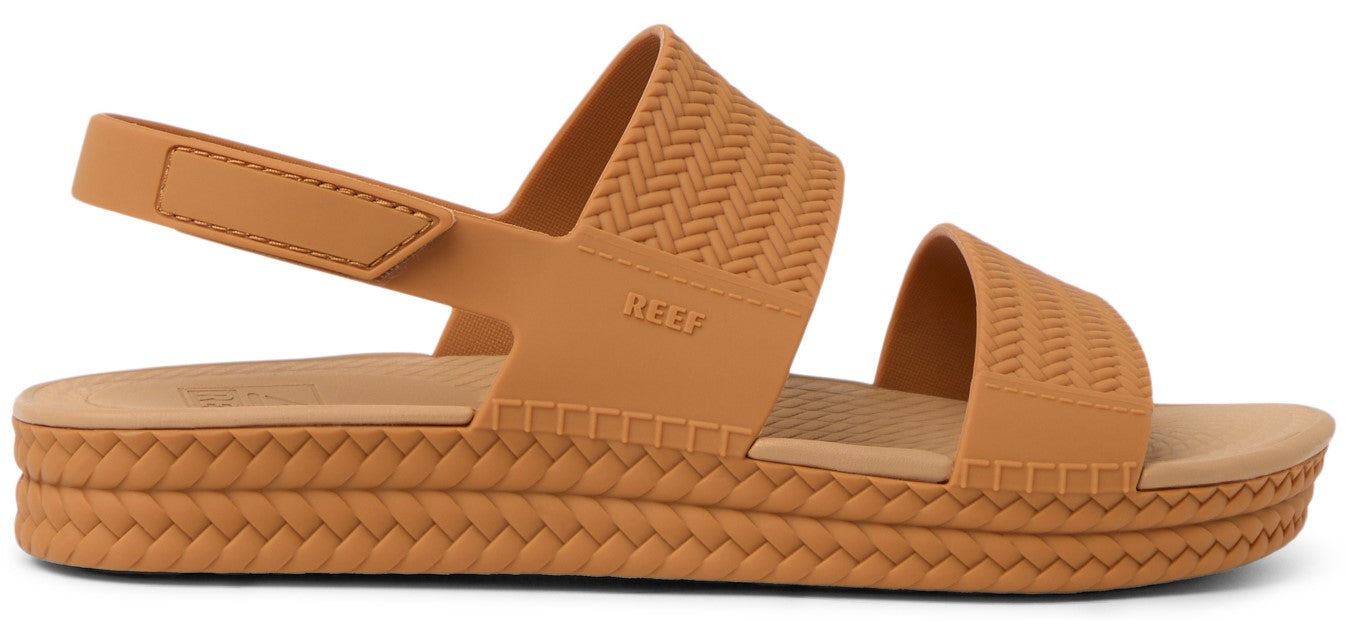 A pair of light brown sandals with two thick straps and a braided platform sole.