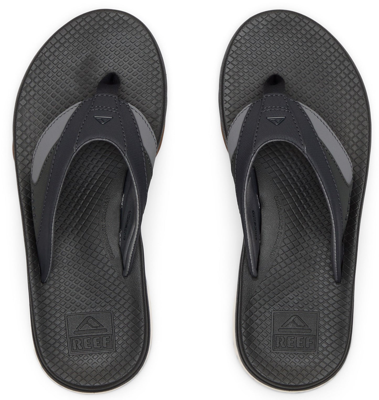 A pair of dark grey flip flops with textured footbed and grey straps, showing the brand logo on the footbed.