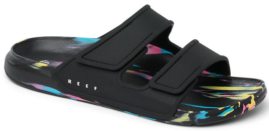 Black sandals with dual straps and colorful speckled soles.