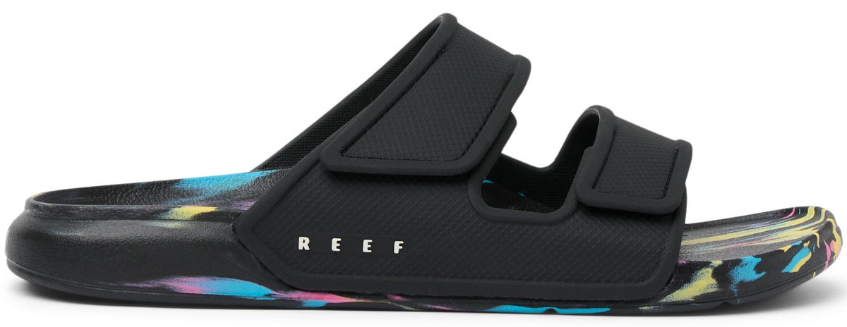 Black slide sandal with two velcro straps.