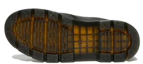 The underside of a black shoe, revealing a yellow, patterned sole.