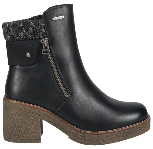 Black waterproof heeled ankle boot with zipper and knit accent.