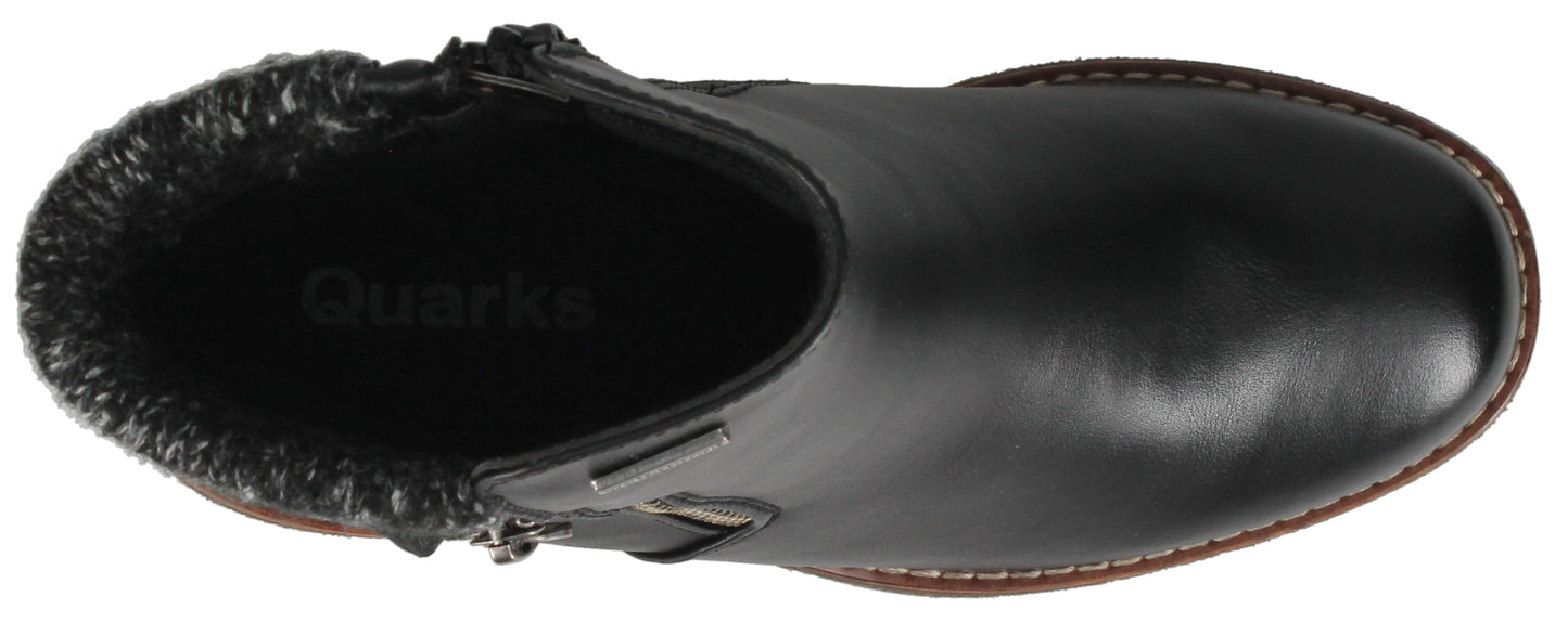 Black ankle boot with knit cuff.