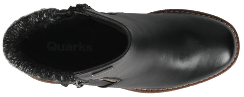 Black ankle boot with knit cuff.