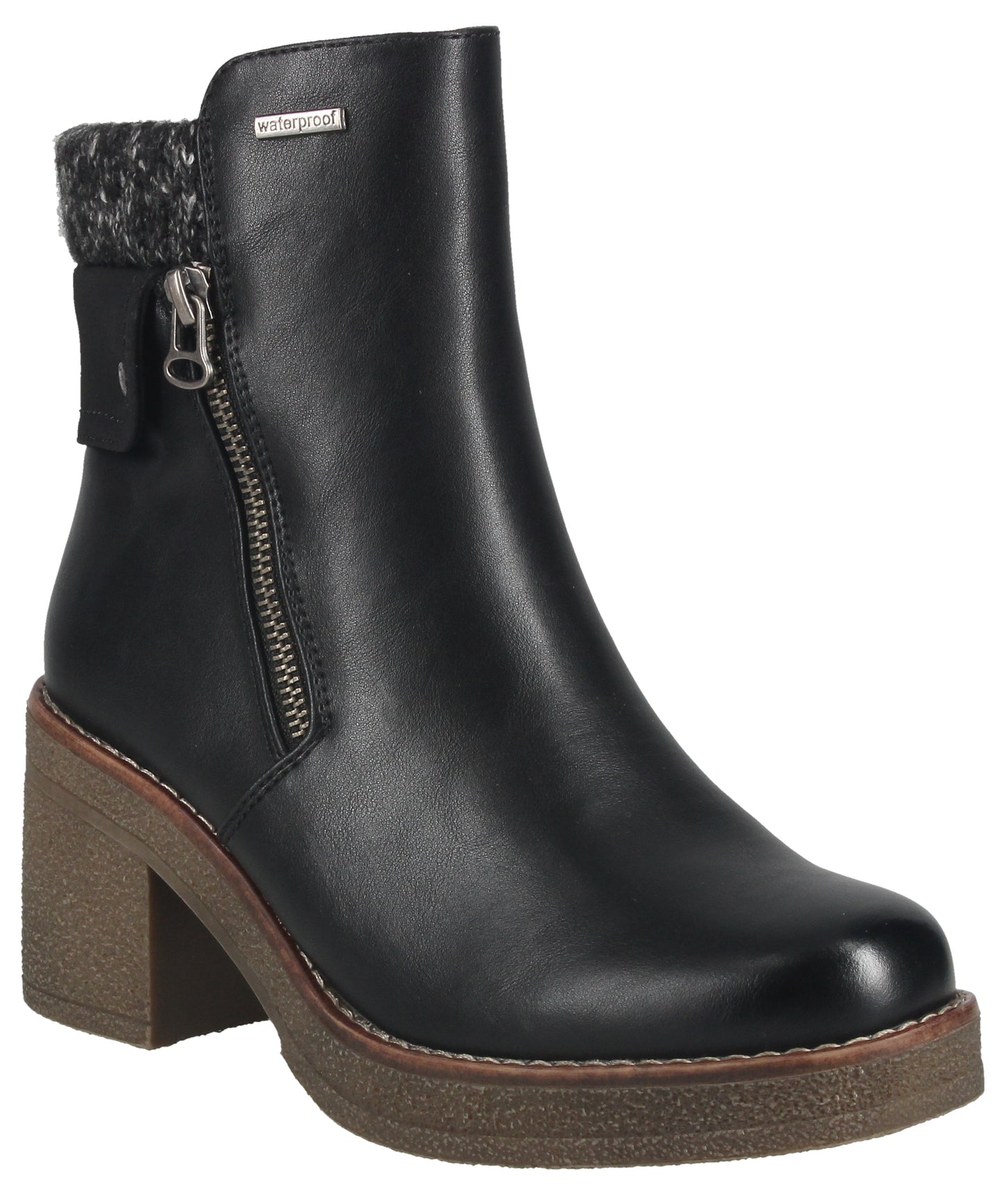 Black ankle boot with zipper, knit detail, waterproof tag, and chunky heel.